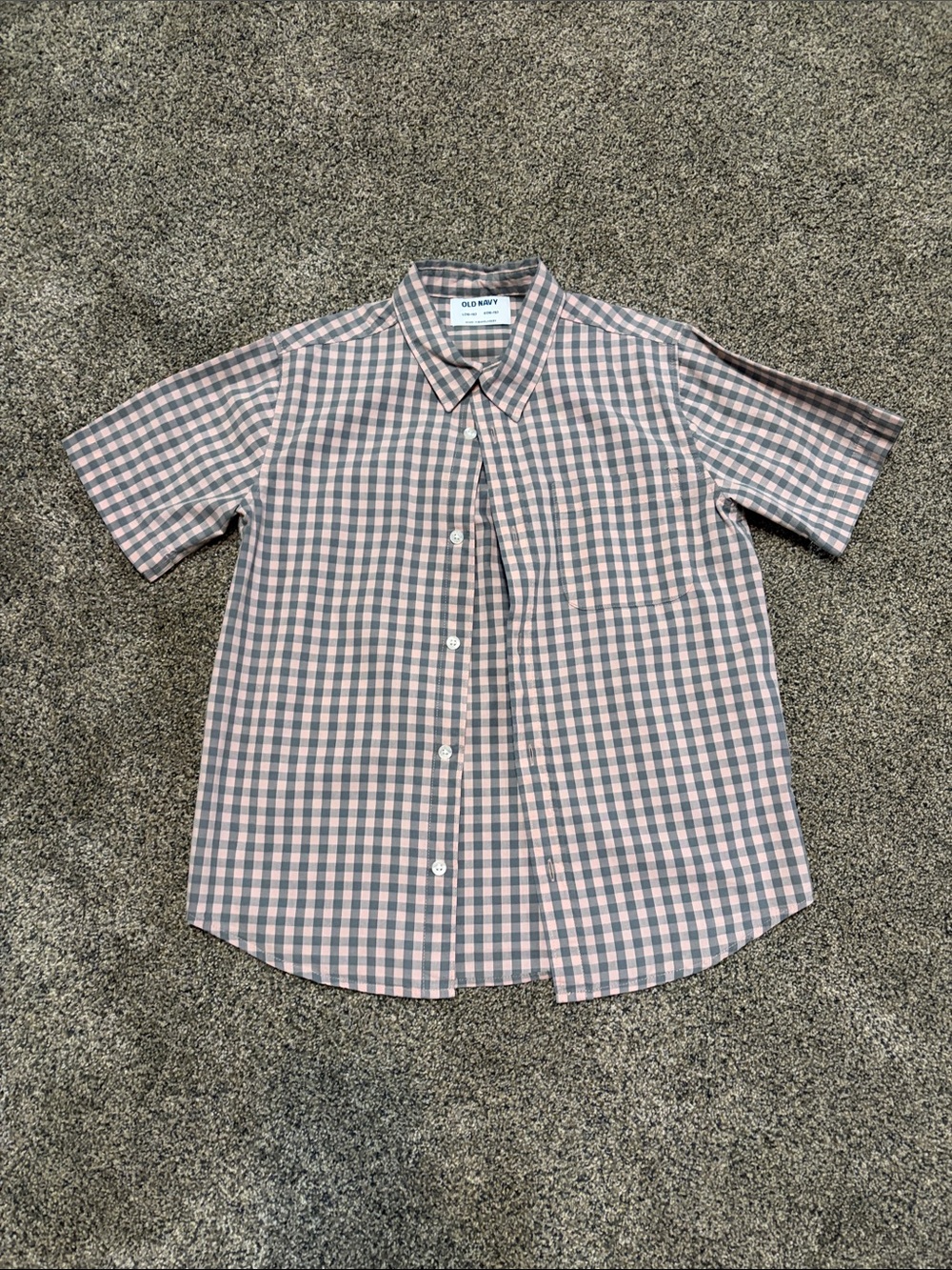 Boys Old Navy Short-Sleeve Button-Up Shirt in Pink and Gray Gingham Size L 10-12